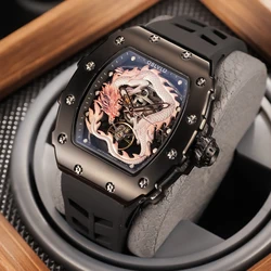 OBLVLO Mens Watch Black PVD Tonneau Sport Watch Fashion Trend Luminous Waterproof Rubber Band Gold Dragon Male Watches XM-DRAGON