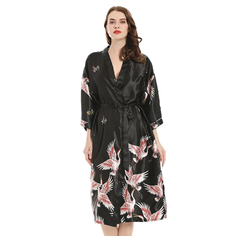 linccure Women's Crane Print Satin Kimono Robe Silky Half Sleeve Nightgown Open Front Tie Waist Sleepwear Wedding Party