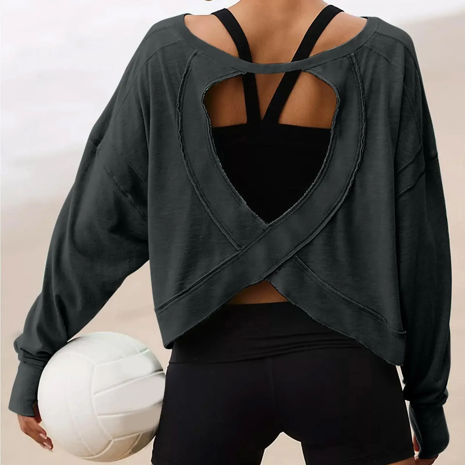 Women's Loose Long-sleeved T-shirt Women's Blouse Age-reducing Hollow Short Round Neck Women's Sports