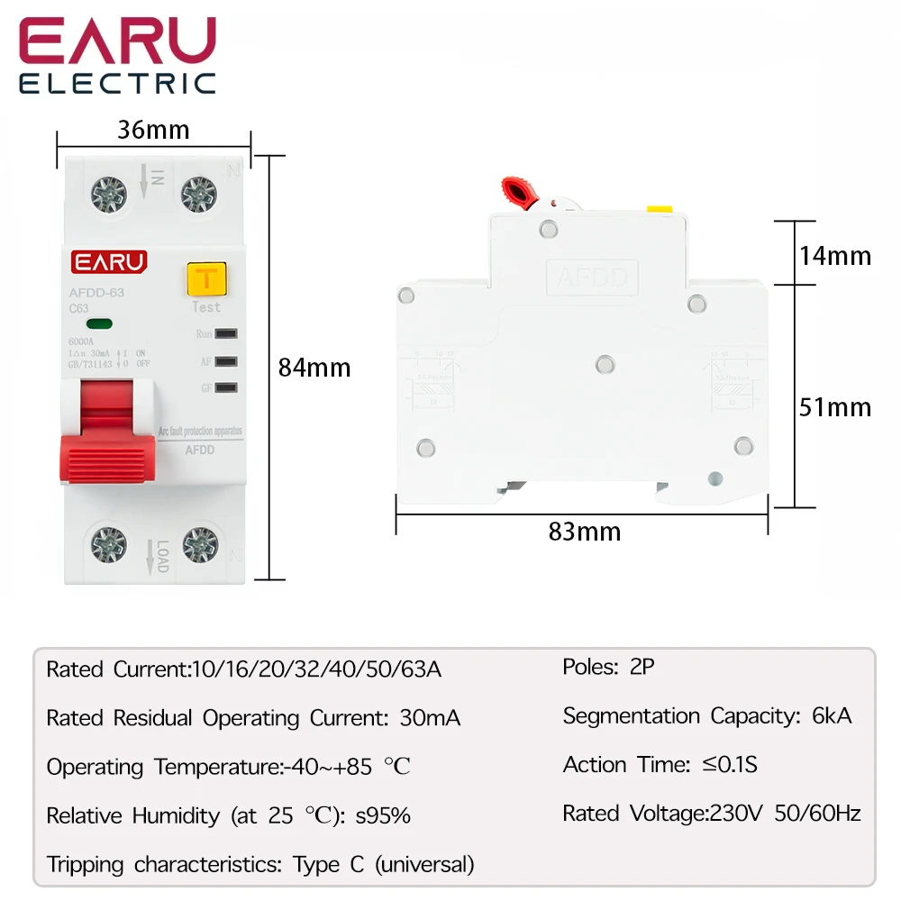 2P AFDD-63 AFCI Arc Fault Protector Device RCBO Circuit Breaker Interrupted Overload Earth Leakage Short Circuit  Protection