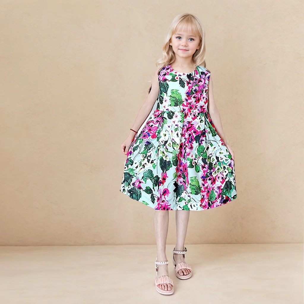 

Kids Spring Summer Long Baby Dress Casual Sleeveless V-neck Elegant Dresses Party Tiger Printing Vintage Girls Dress Beach