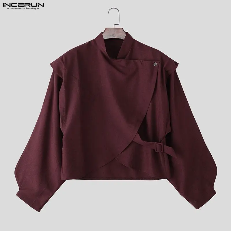 

Мужская рубашка INCERUN, однотонная, с воротником-стойкой, с длинным рукавом, повседневная, уличная мода, свободного кроя, нестандартного дизайна, 2026, 3XL