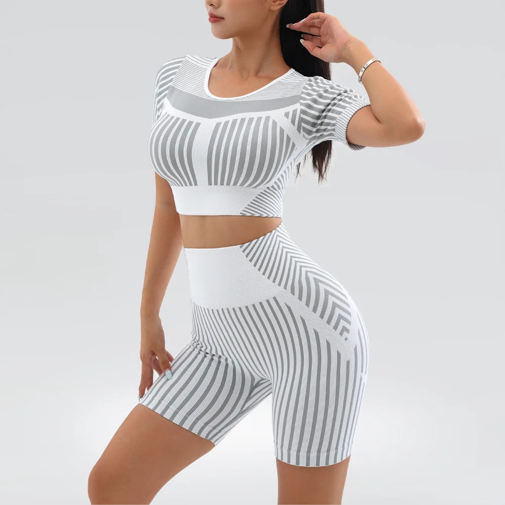 

Sexy Striped Women Gym Yoga Fitness Suit Short Sleeve Crop Top+High Waist Knee Length Legging High Intensity Workout Set