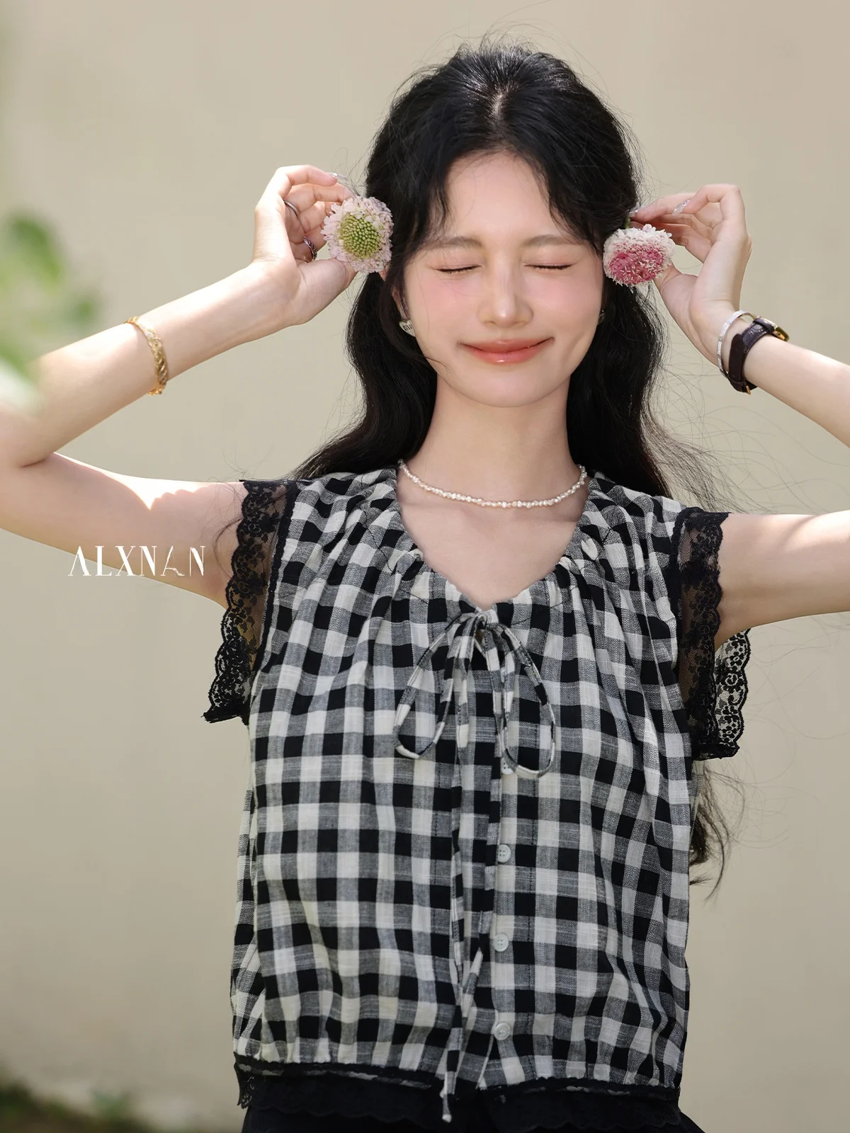 

Женский летний топ-жилет на бретельках с кружевом и белым клетчатым узором, модель Swan South Spring Fraance Chorus Ele Bla, для повседневной носки