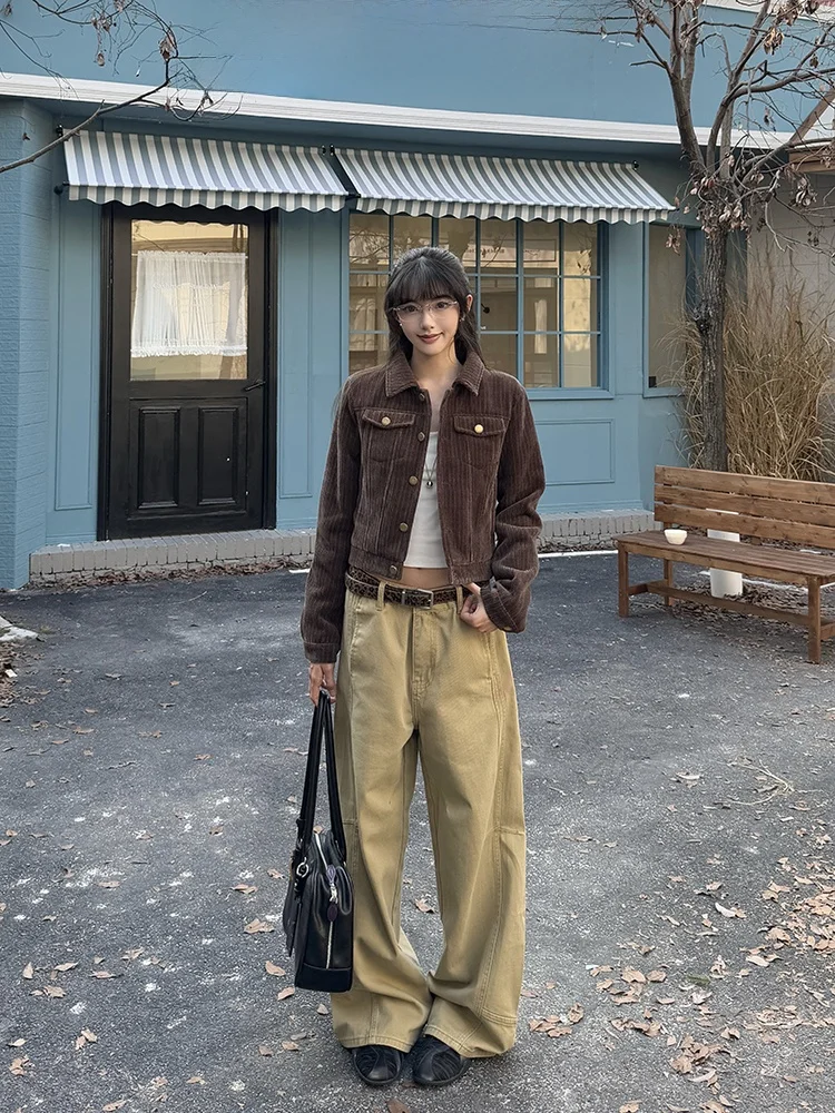 URKR Retro Sztruksowa Kurtka Damska Krótka Dopasowana z Wysokim Kołnierzem Zapinana na Guziki Casualowa Odzież Wierzchnia Poliester Nylon