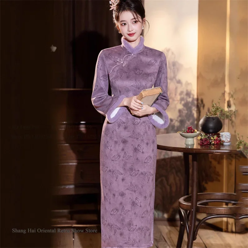 

Винтажное классическое китайское платье-ципао с воротником-стойкой, элегантное, с длинными рукавами, традиционное китайское платье-чонсам, сексуальное платье-вестидос