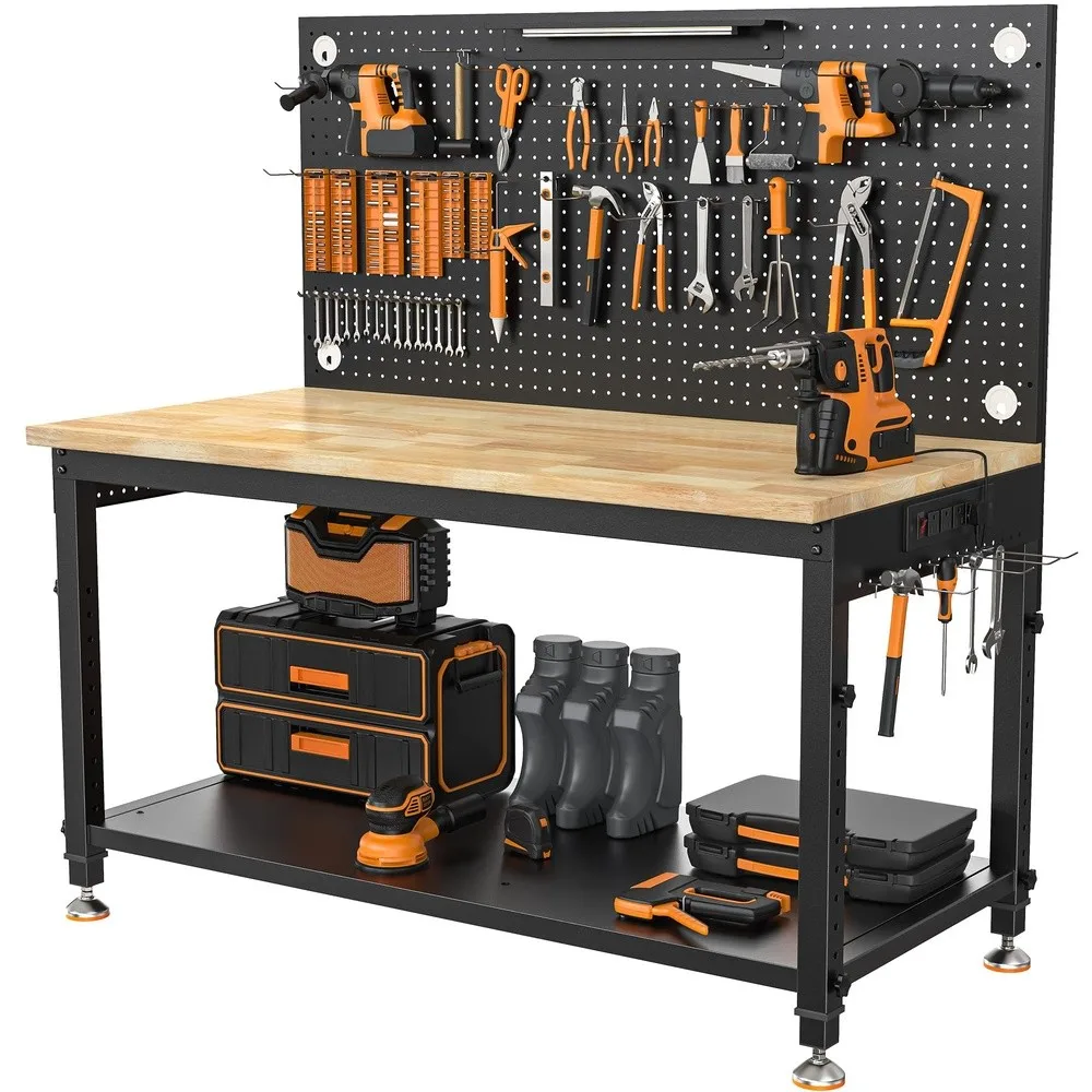 48x24 Inch Garage Work Bench with Storage Pegboard & Power Strip