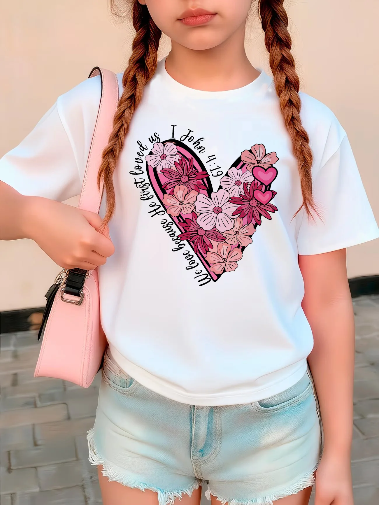 Vintage Floral Love Heart Design T-Shirt Printed T Shirt Girls' Summer Clothes Short Sleeve Tops T-Shirts Cute Kids Clothing