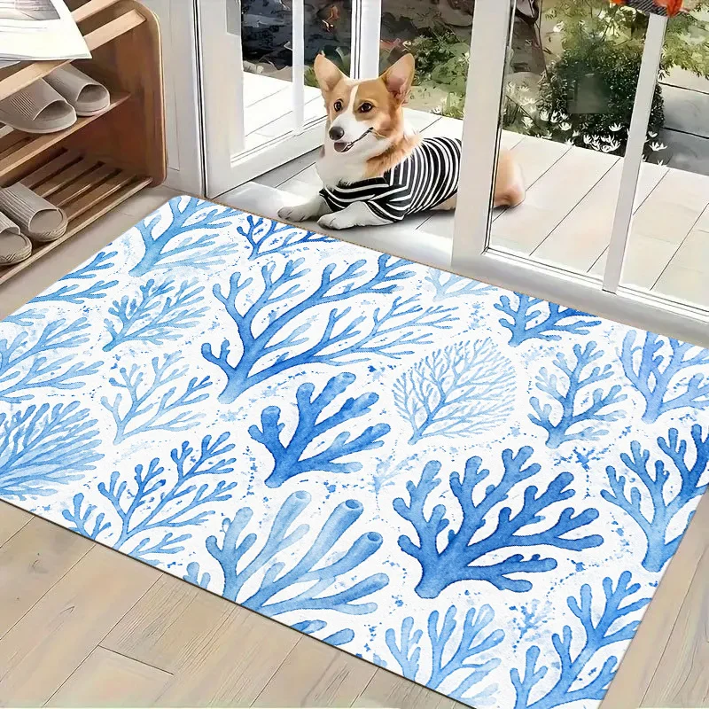 Nautical stripe 2D printed welcome mat with anchor symbols on blue white base for coastal business and maritime decor