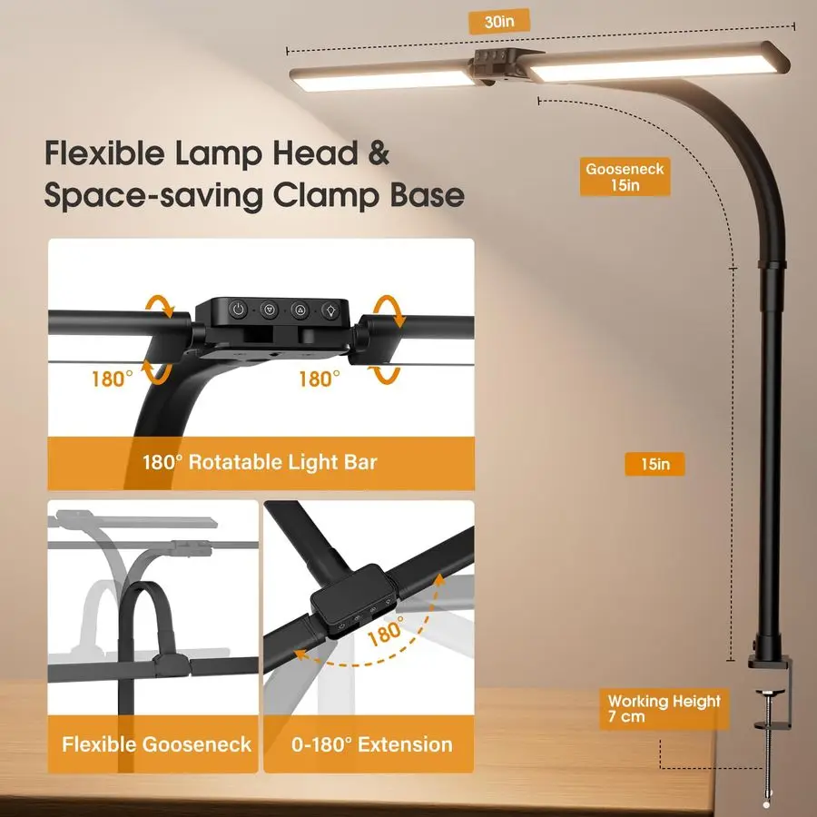 Desk Lamp for Home Office Dimmable Computer Desk Light with Clamp, Modern Architect Task Lamp with Color Changing, Flexible Desk