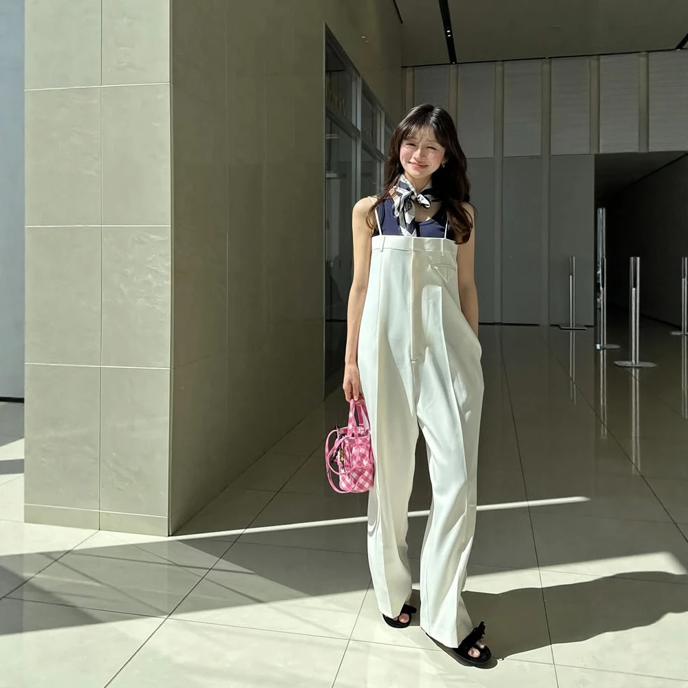 Japanese Fashion Sweet Overalls Spring Autumn 2025 New Girls Solid Color Straight High Waist Jumpsuit Lady Daily Basic Trousers