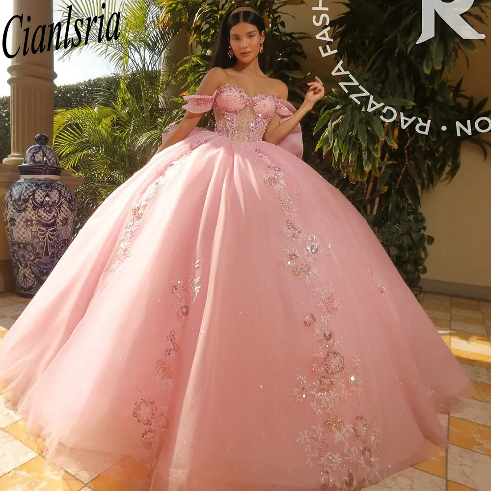 الوردي الديكور اللؤلؤ القوس فساتين Quinceanera الكرة ثوب مطرزة يزين الدانتيل الحلو 15 Años المكسيكي مخصص #1