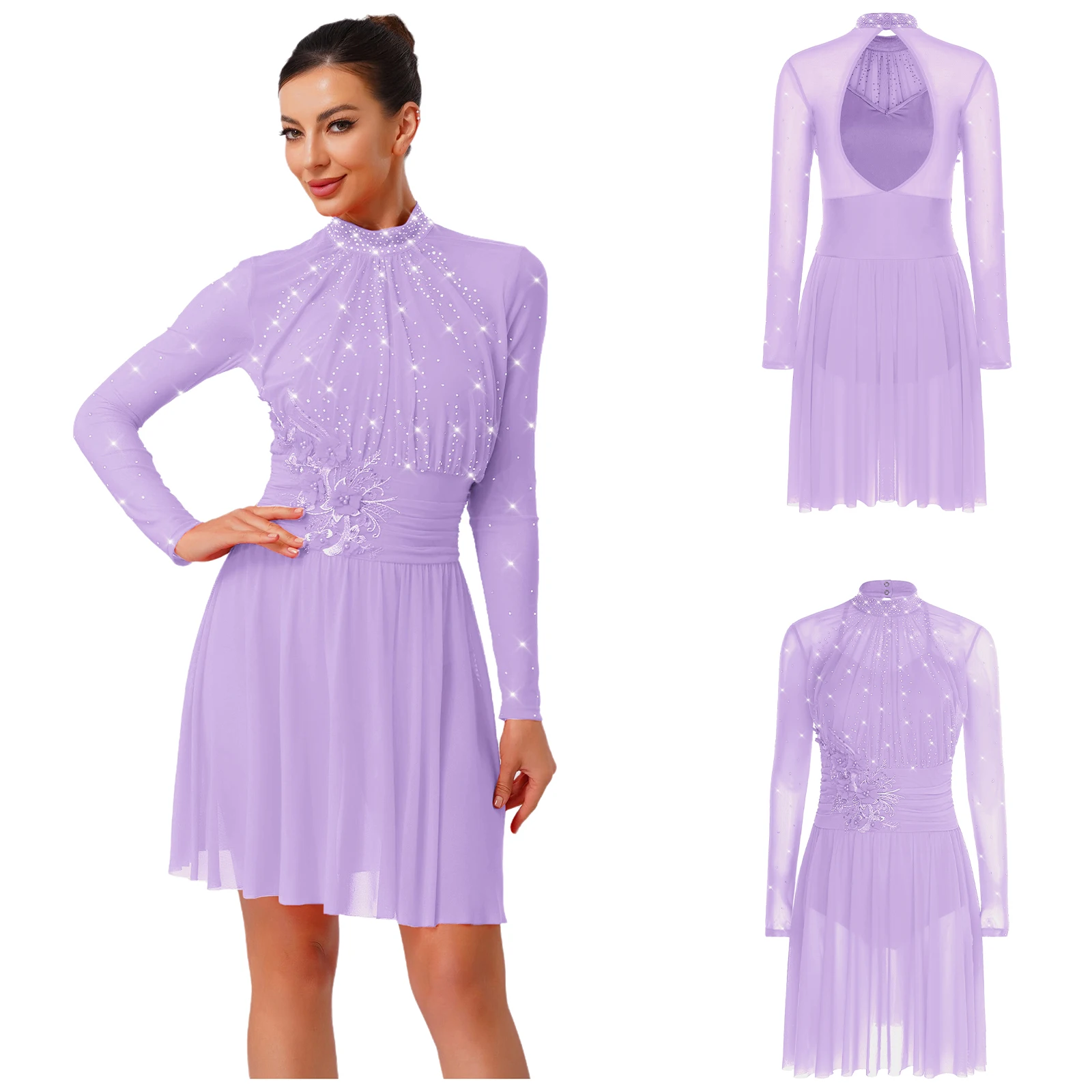 Lyrisches Tanzkleid für Damen, Tanzkostüm, Eiskunstlauf-Trikot, Strasssteine hinten, hohl, langärmelig, gerüschtes Kleid