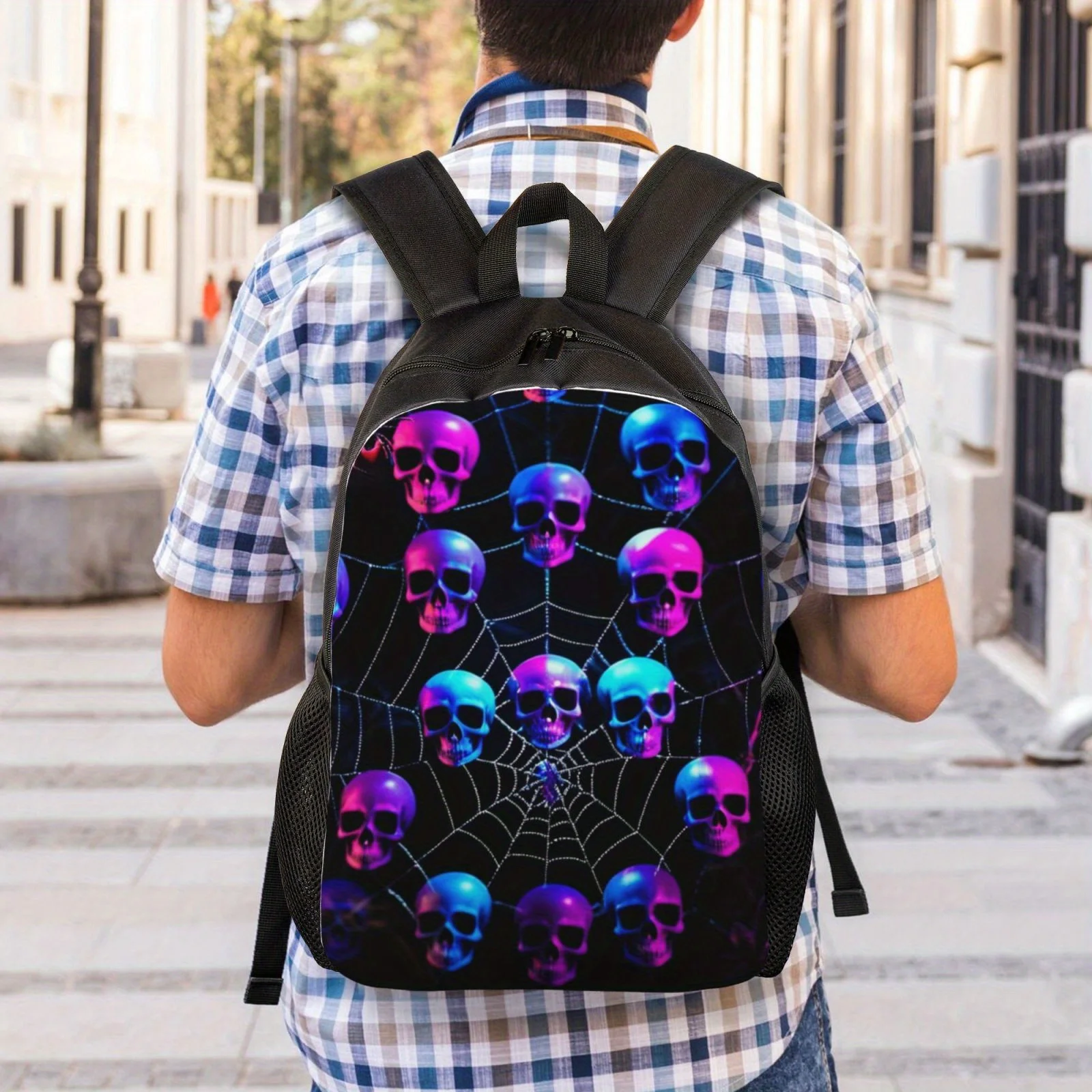 Purple Skull Spider Web Print Casual Backpack, Student Large Capacity Lightweight Shoulder Bag