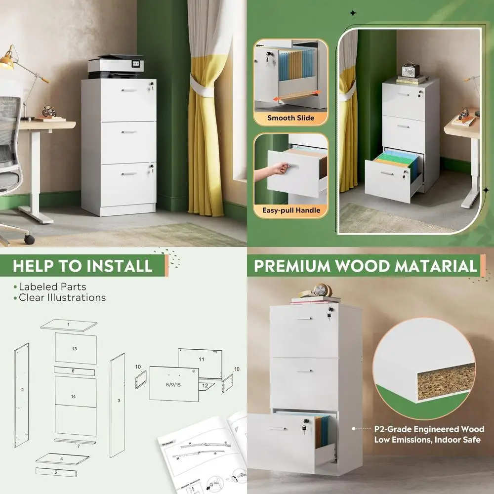 

White Vertical Wooden File Cabinet with Lock, Home Office Letter/A4 Size Printer Stand, 3-Drawer Storage