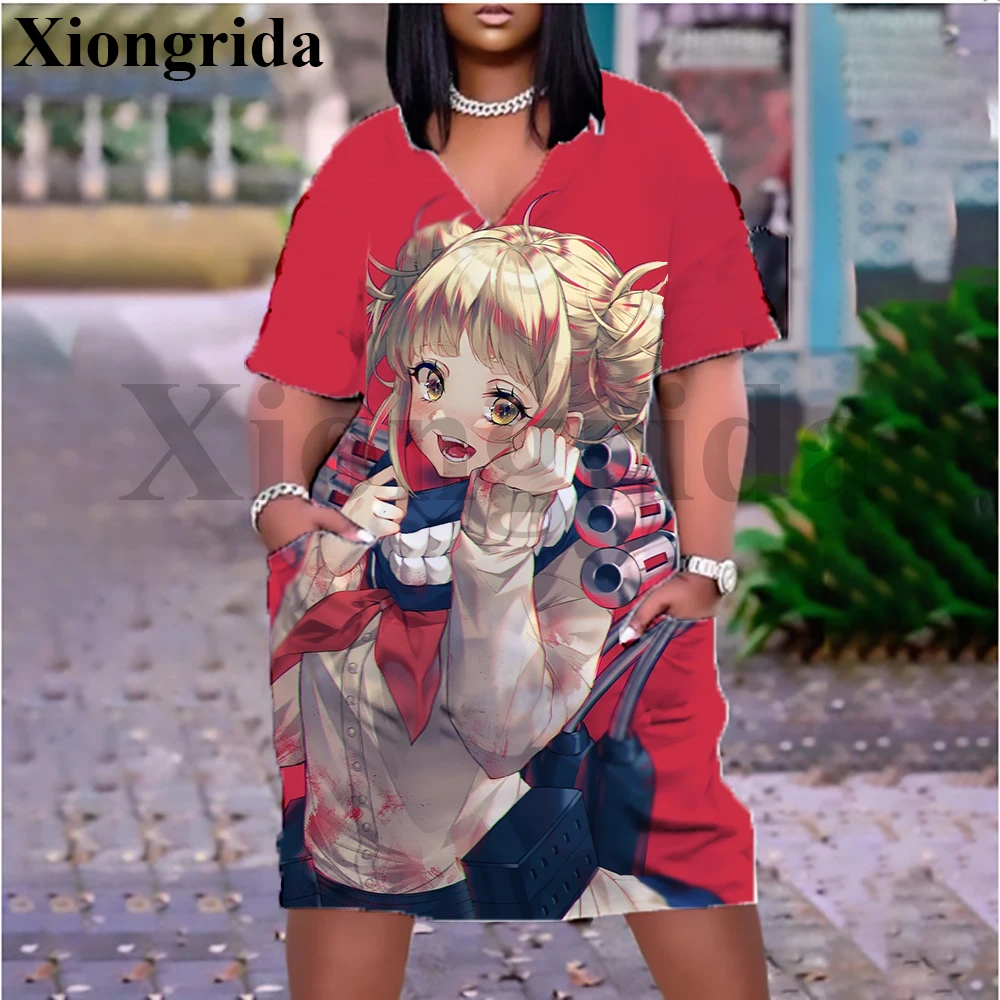 Vestido estampado gráfico Himiko Toga feminino, camiseta kawaii com bolsos, camisetas de manga curta, top anime, fofo