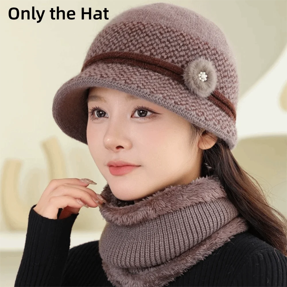 Gorro de invierno con decoración de flores para mujer, gorro de punto grueso y cálido con forro de piel, gorro térmico con forro polar para mujeres mayores