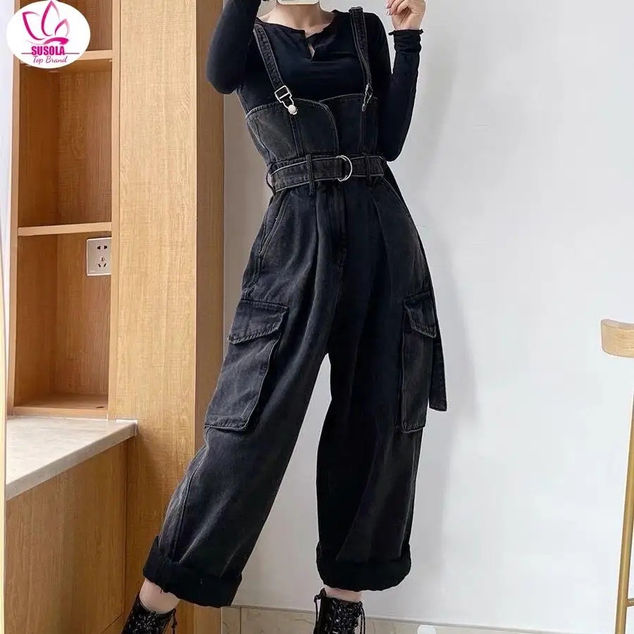 

SUSOLA Denim Jumpsuits Women High Waisted Cargo Trousers Streetwear Teens Personal Hipsters Pure Big Pockets Washed Clothes