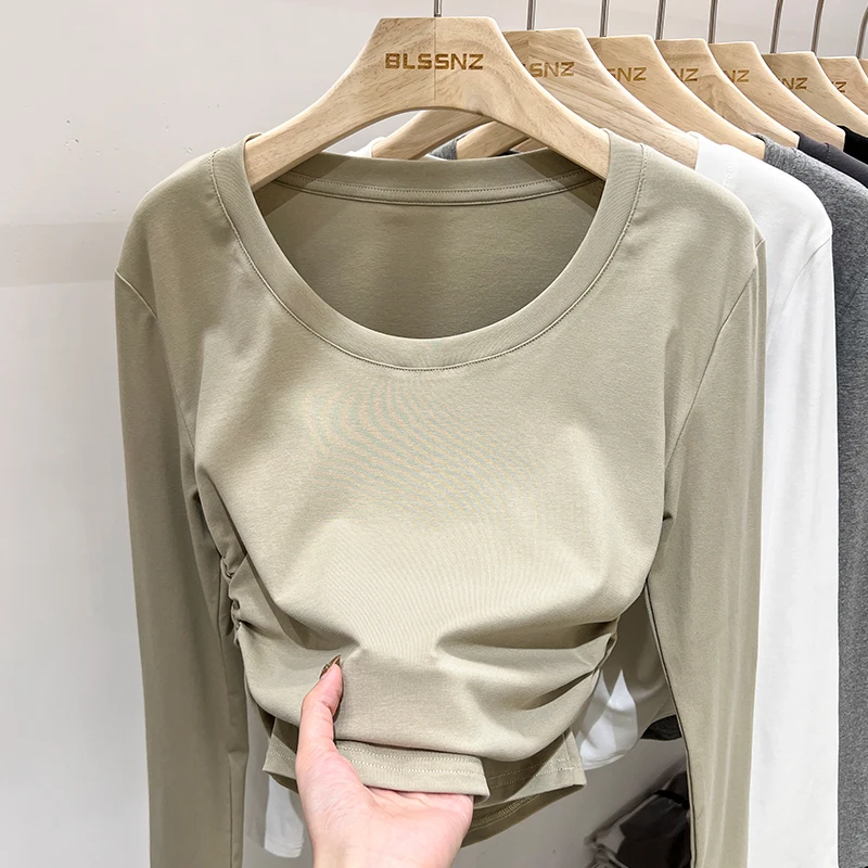 한국 스타일 심플 베이스 레이어 탑 2025 슬림핏 긴팔 O넥 여성 티셔츠 가을 사이드 플리츠 솔리드 다용도 티셔츠