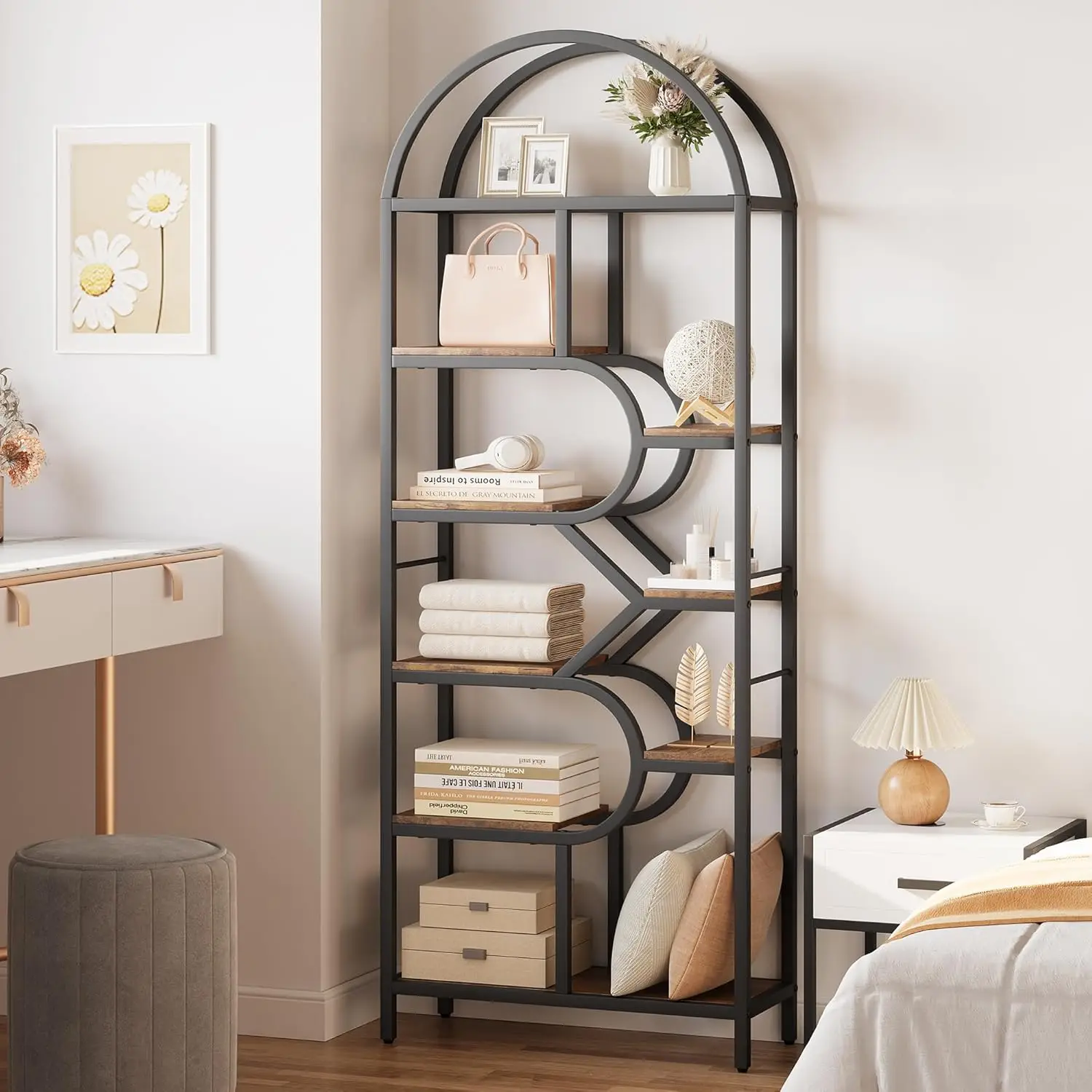 Bookshelf 6 Tier Arched Bookcase 81.7in Tall Display Racks Geometric Open Storage Shelf Unique Book Rack Metal Frame Large Shelf