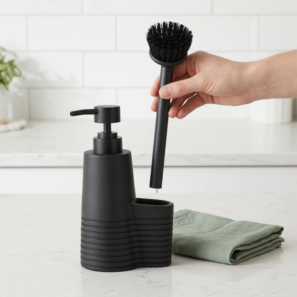 Stainless Steel Resin Plastic Soap Dispenser with Cleaning Brush Press Pump Black Liquid Soap Dispenser with Brush Refillable