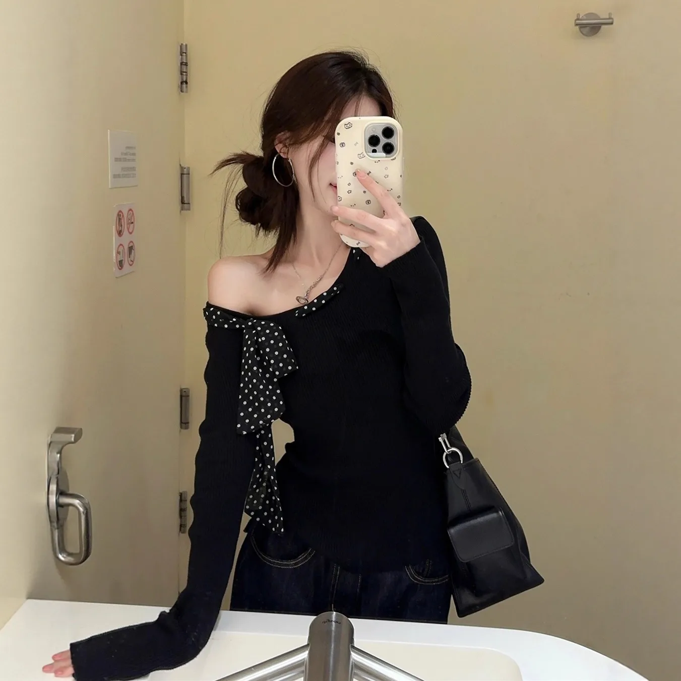 

Bla Polka Dot Knot oulder Long Sve Knitted Top Women's Early Autumn Faion oulder Exposure Clothes Soft Korean Sle
