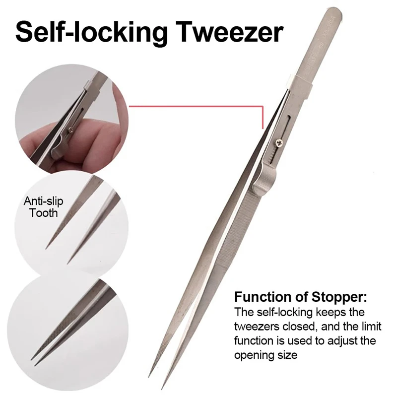 Adjustable Self Clamping Tweezers Jewelry Making Tool Slide Lock Stainless Steel Tweezers Electronic Component Repair Tools view 5