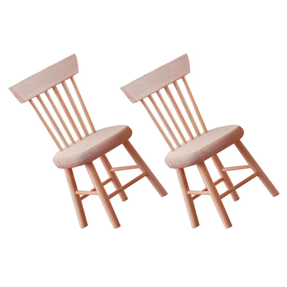 2 Pcs Toy House Dollhouse Chair Ornament Set Tiny Furniture Beige Small Wooden Baby