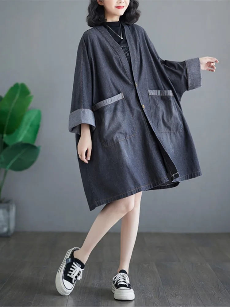 Denim Oversized Autumn Trench Coat Women Loose Ruffle Pleated Fashion Retro Ladies Jackets Long Sleeve Woman V-Neck Coats