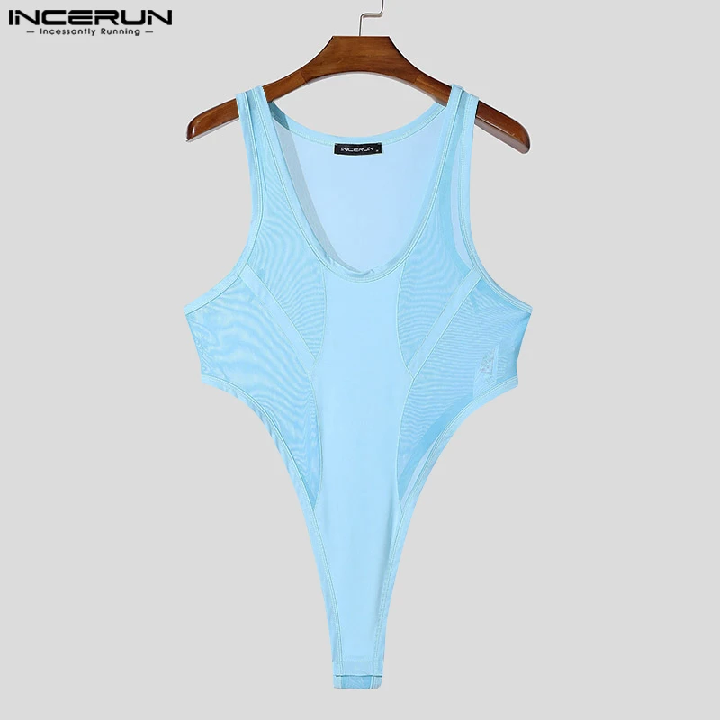 INCERUN New Men Sleeveless Jumpsuits 2025 Solid See Through Bodysuits U-Neck Mesh Splicing Comfortable Homewear Solid Loungewear