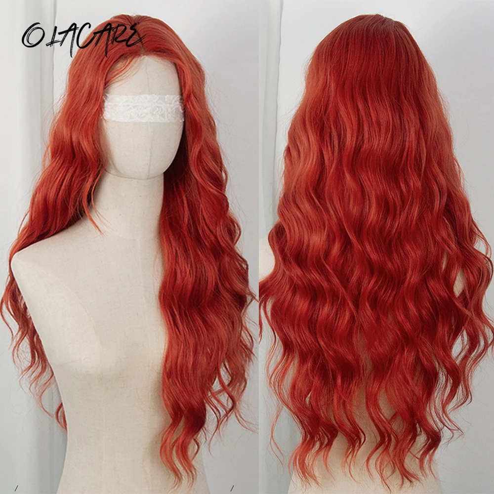 

OLACARE Long Curly Wavy Orange Pink Blonde Highlights Synthetic Lace Front Wig With Fluffy Bangs Suitable For Women Daily Use