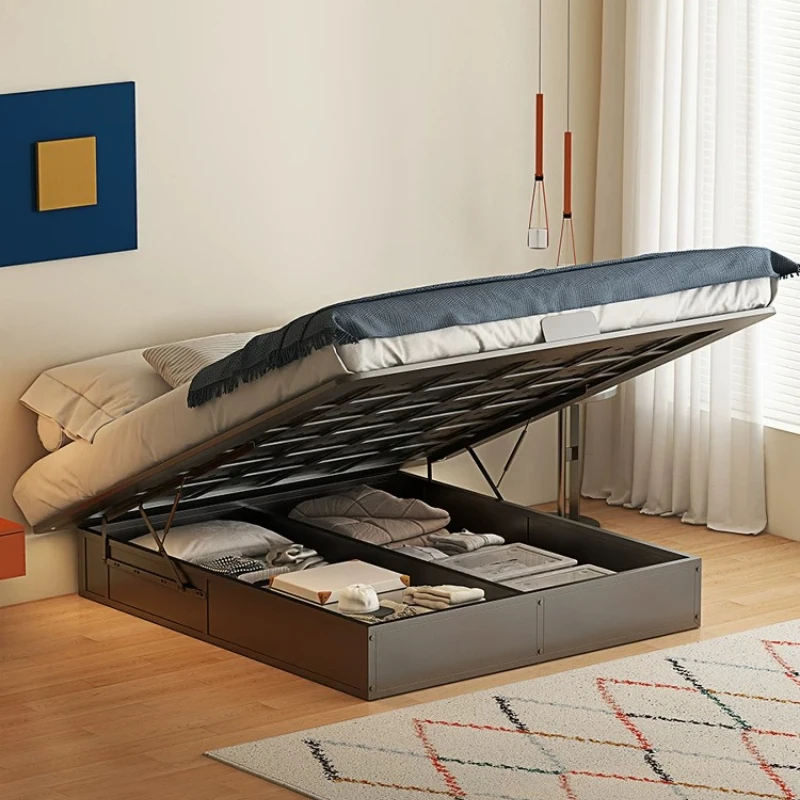 

Floating storage bed without headboard, master bedroom, carbon steel frame, wrought iron, small apartment double bed