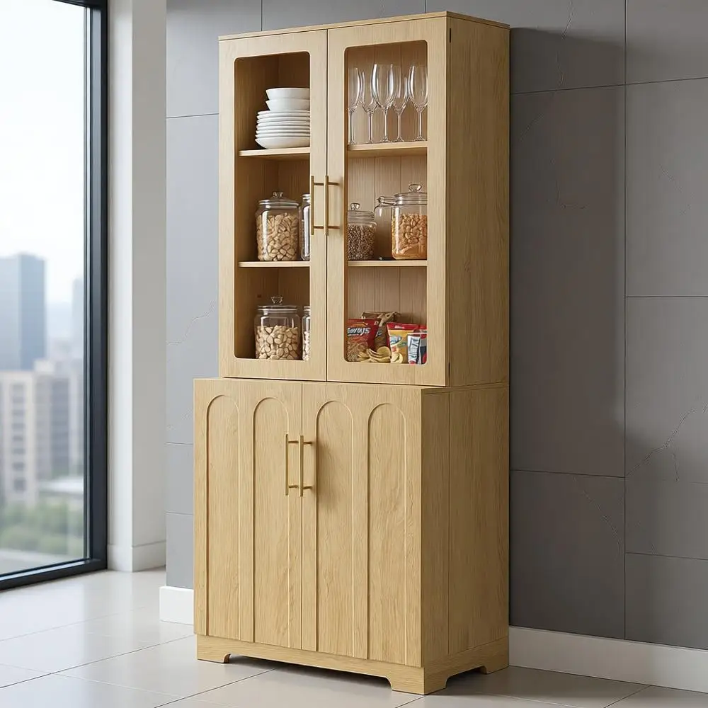 

77 Tall Glass Door Pantry Cabinet, Arched Door Kitchen Storage with Adjustable Shelves, Mid Century Modern Oak Wine Display Cabi