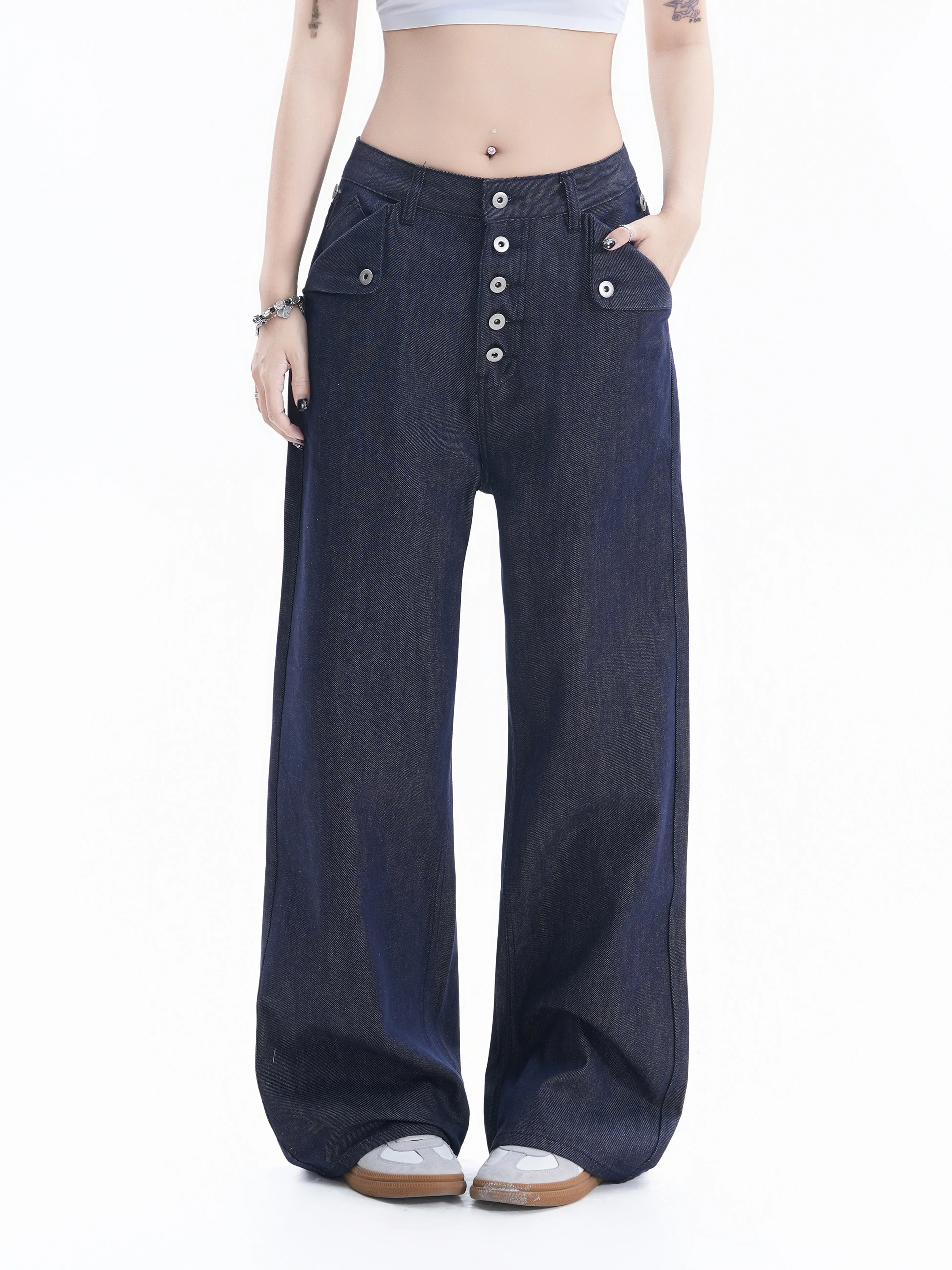 

Vintage Style Wide Leg Jeans Women's Multi-Buckled Floor-Length American Style Sexy Straight Tube Pants Cotton Natural Waist