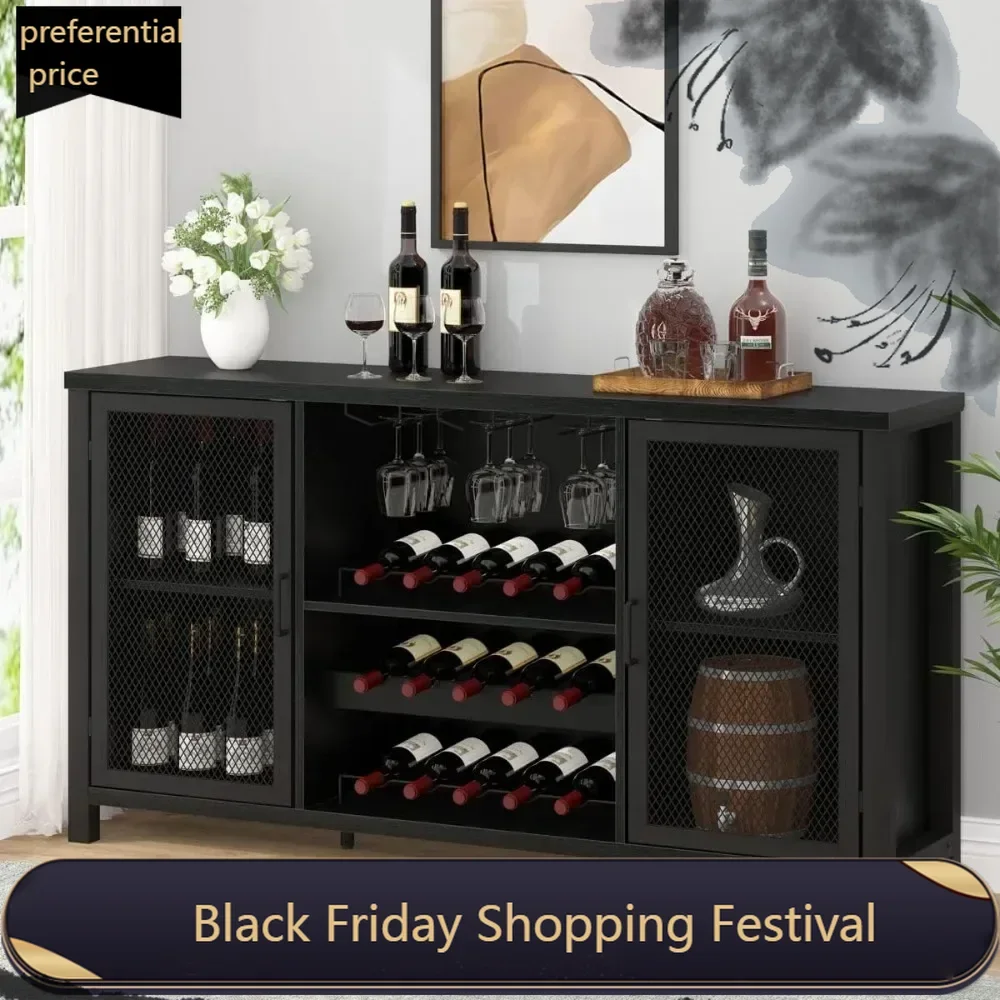 Black Coffee Bar Cabinet, Liquor Cabinet with Wine Rack Storage, Industrial Kitchen Buffet Cabinet for Liquor and Coffee