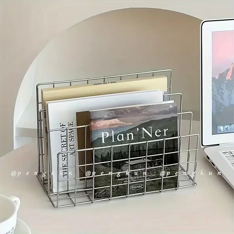 Stylish Metal Office Book Storage Rack with Storage Basket - Modern Magazine And Newspaper Organizer for Desktop Or Drawer