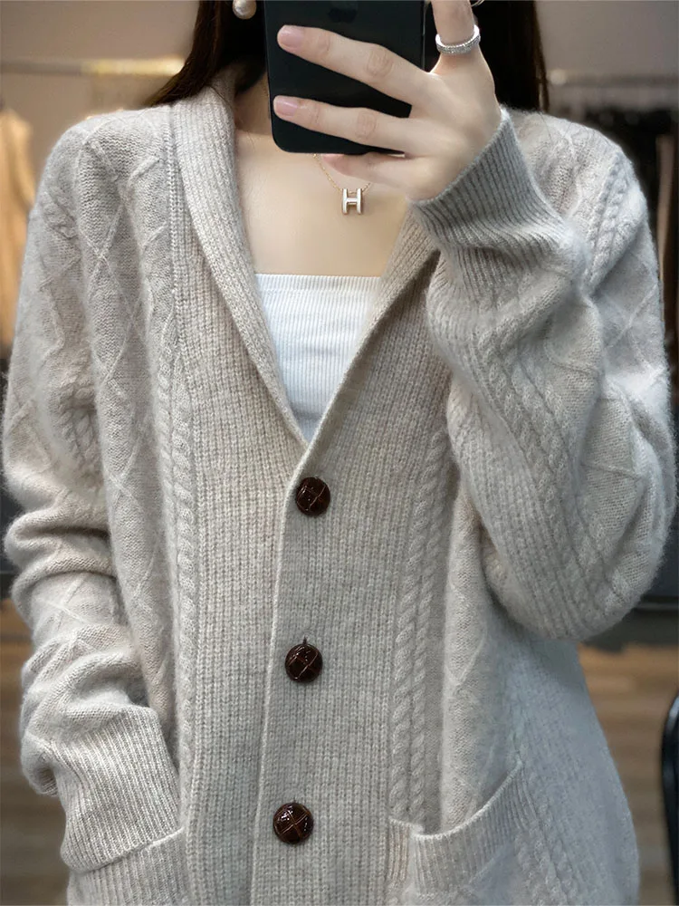 Autumn Winter High Quality Premium Knitted Cardigan Women\'s 100%Wool Cashmere Sweater V-neck Loose Large Size Coat Jacket Female