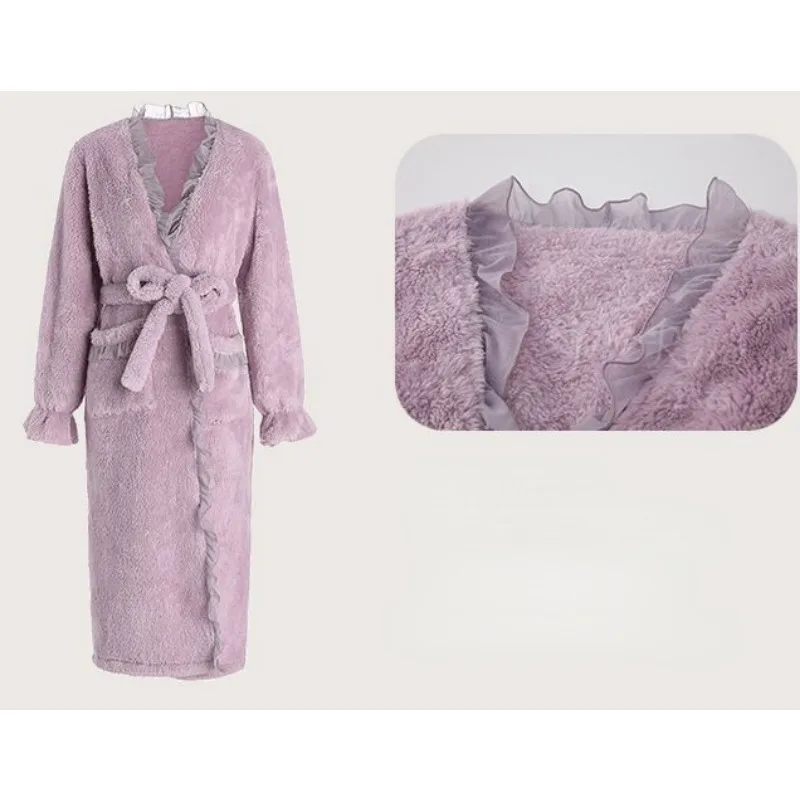 2024 New Autumn Winter Flannel Sleepwear Thickened Comfortable Sleeping Dress Sweet Lace Sexy Fur Robes Falbala Homewear Set
