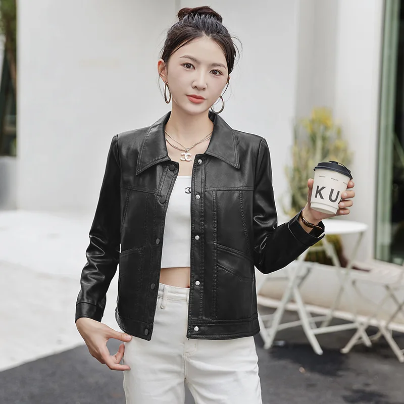 2024 Spring and Autumn New Small Leather Coat Women's Short Motorcycle Slim Fit Style Long sleeved Sheepskin Jacket