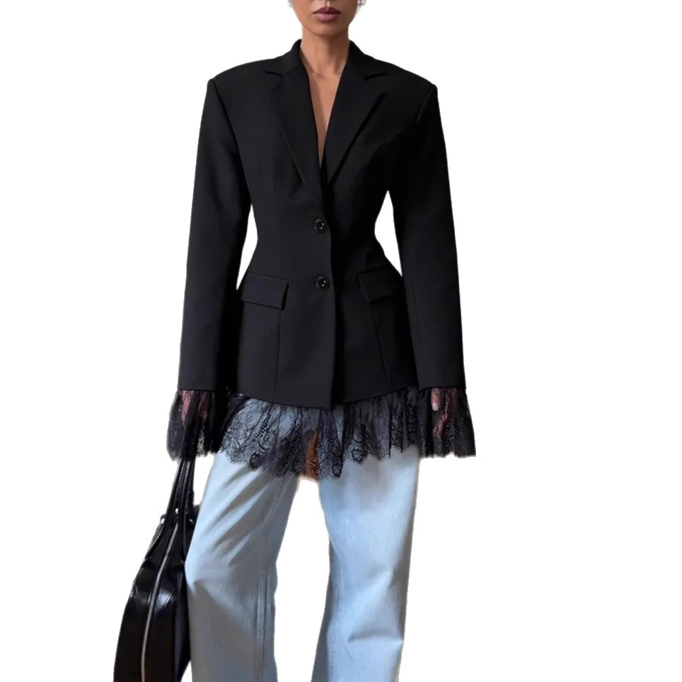 سترة بدلة سوداء صغيرة 2025 خريف وشتاء تصميم جديد تحسس الدانتيل الربط المرأة بأكمام طويلة #5