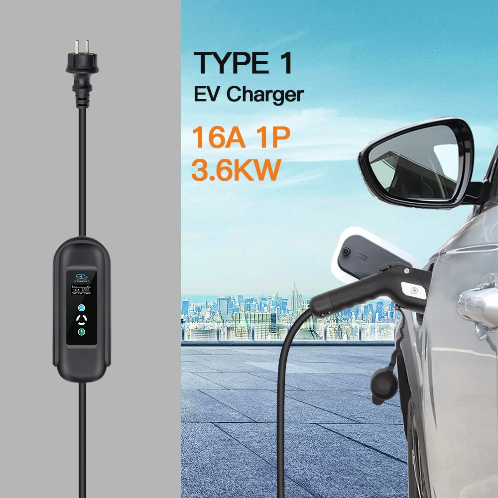 Portable EV Charger Wallbox 16A 3.6KW Type 1 SAE J1772 Standard Adjust Current Charging For Electric Vehicle Total Length 3.5M