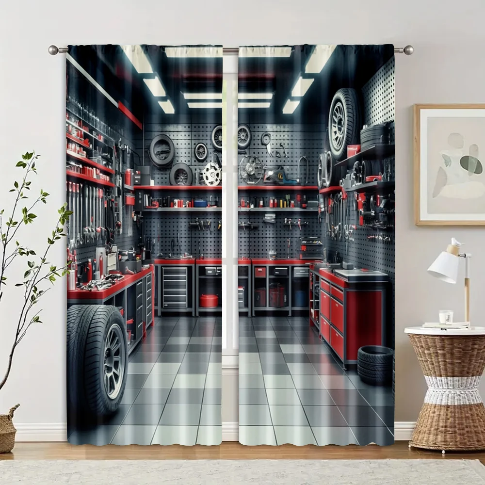 2pcs, Curtains Digital Printed Garage Tools Workshop Versatile 100% Polyester (without rod) Holiday Ldeal for Living Room and
