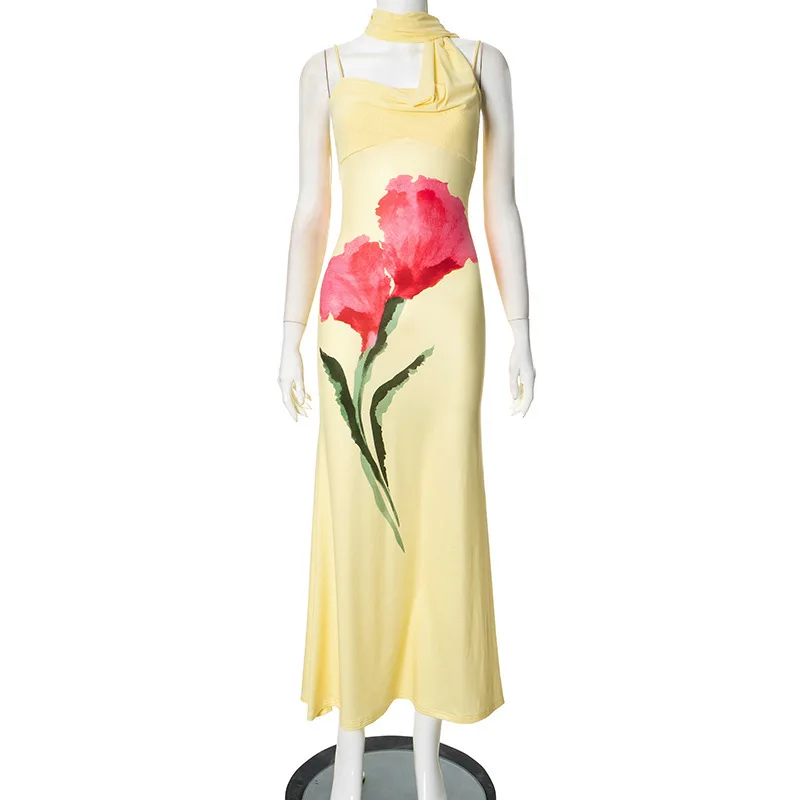 GuliriFei Abito lungo estivo da donna con stampa floreale, senza maniche, con cinturino per spaghetti, abito a coda di pesce sottile