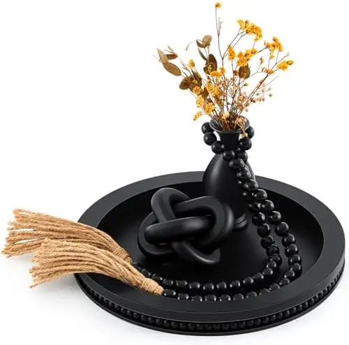 

3-Piece Coffee Table Decor Set – Black Wooden Tray, Boho Knot Chain & Beaded Garland with Tassels – Farmhouse Living Room Gift