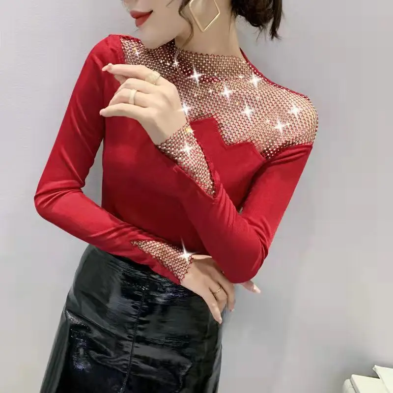 Hot Drilling Long Sleeve T-shirt 2025 Spring Autumn Sexy Hollow Black Base Shirt Women Tops Korean Style Slim-fit Blouse T-shirt