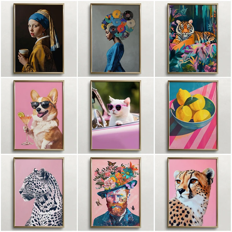 (No frame)Vintage Trendy Cats Wearing Glasses Poster Modern Art Print Canvas Painting Wall Art Picture for Living Room Home D