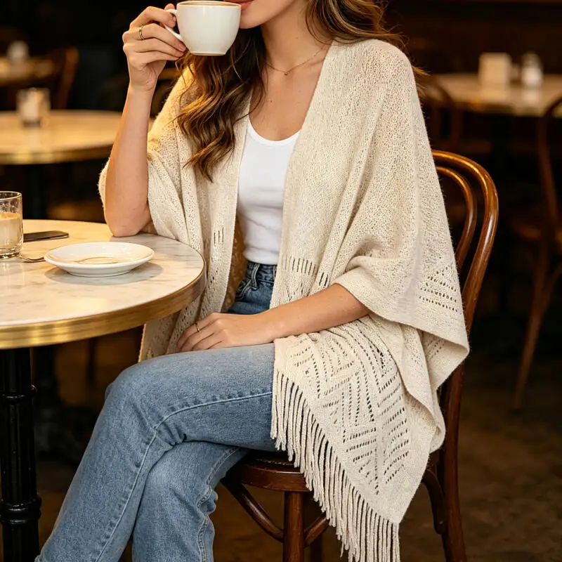 

2026 New Chinese Style Pashmina Lady Knitted Qipao Shawl Tassels Cashmere Blend Scarf Fashion Hollow Out Bufanda Cardigan Wrap
