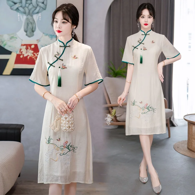 

New Retro Ethnic Style Top Fashion Chinese Style Embroidery Improved Cheongsam Dress for Woman Qipao Clothes M-4XL Plus Size