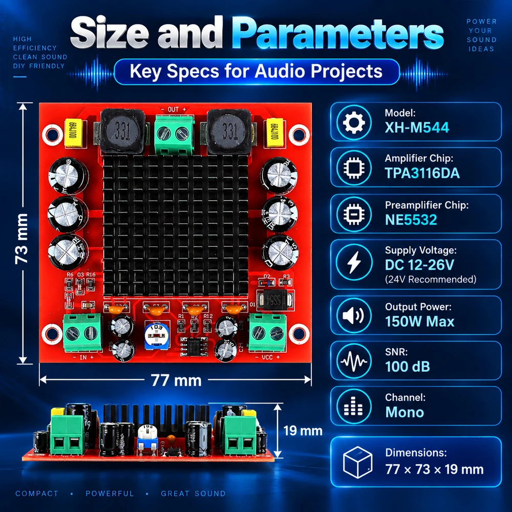XH-M544 TPA3116DA 150W Mono Class D Digital Power Amplifier Board DC 12-26V Audio Amp Module for Subwoofer DIY Speaker