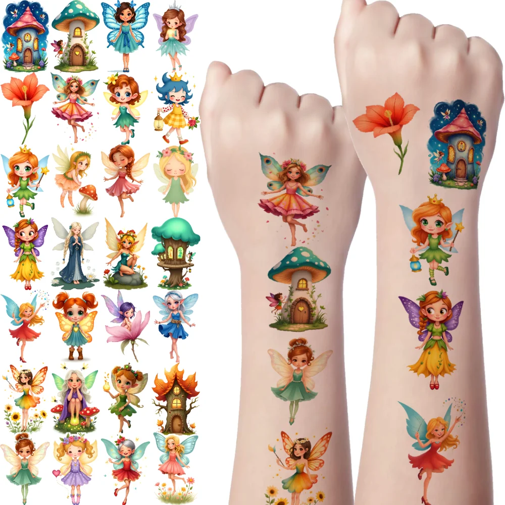63 Stück temporäre Tattoo-Pilzhäuser, wasserdicht, langlebig, Körperaufkleber, Feen-Designs, bunte Aufkleber für